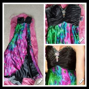 Night Moves prom dress, gem top, peacock strapless